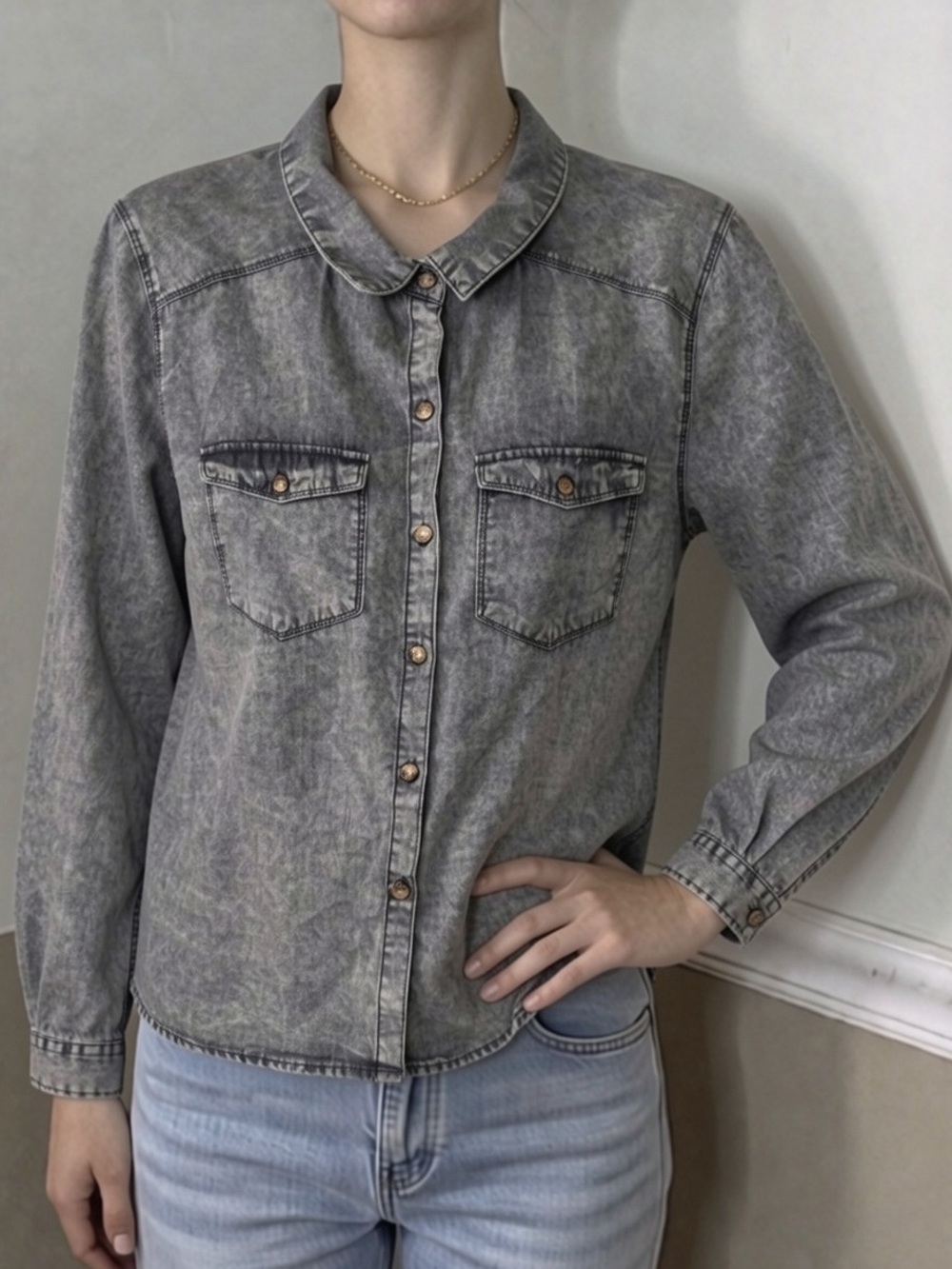 ❤️ 5 for $20! Classic Washed Gray Women's Denim Shirt